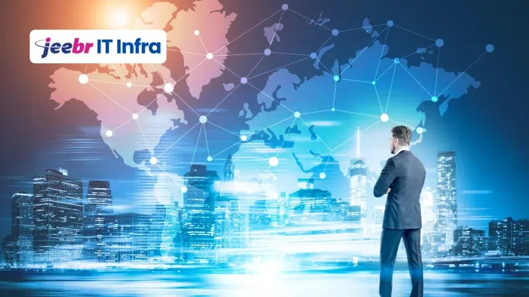 Enterprise network infrastructure design in 2026 showing secure, scalable architecture with cloud, data centers, and connectivity